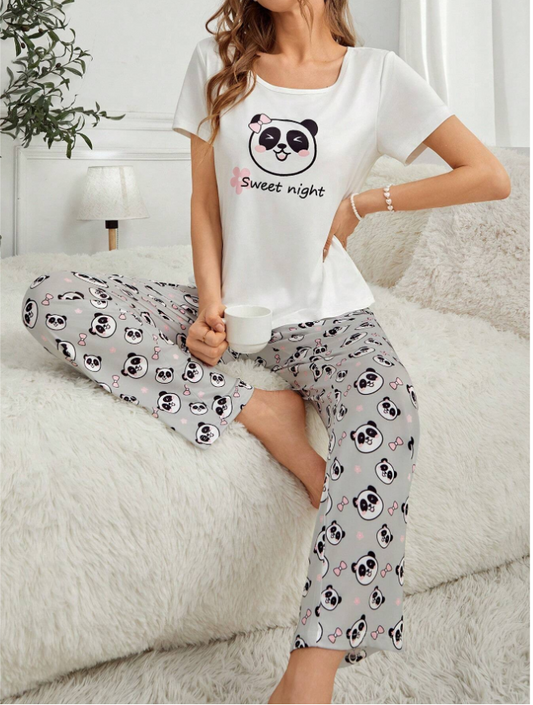 Cute Panda Design Women's Pajama Set (Grey)