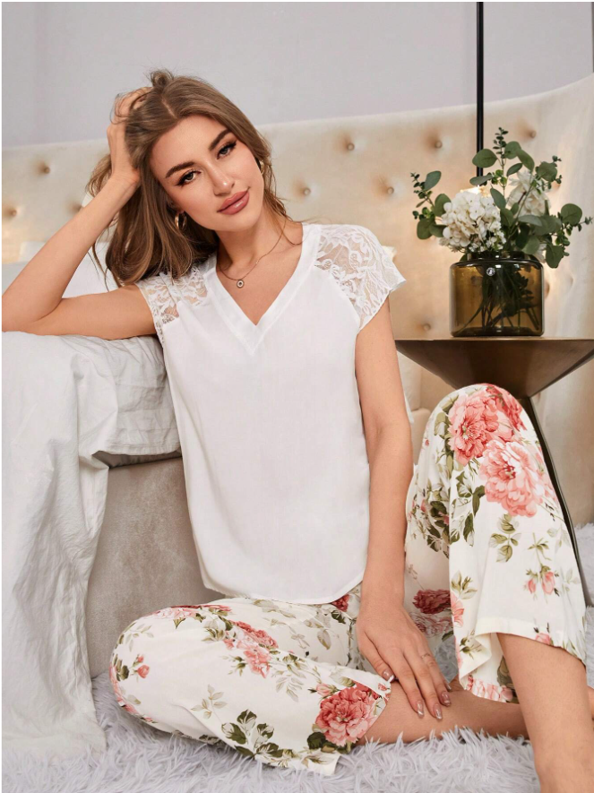 Women White Pajama Set Multicolor