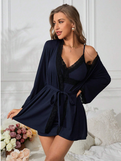 Lace Trimmed Nightgown And Robe Pajama Set
