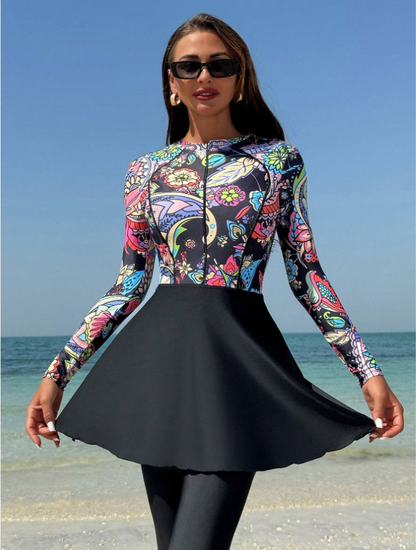 Women Summer Beach Long Sleeve Top And Pants Burkini Set