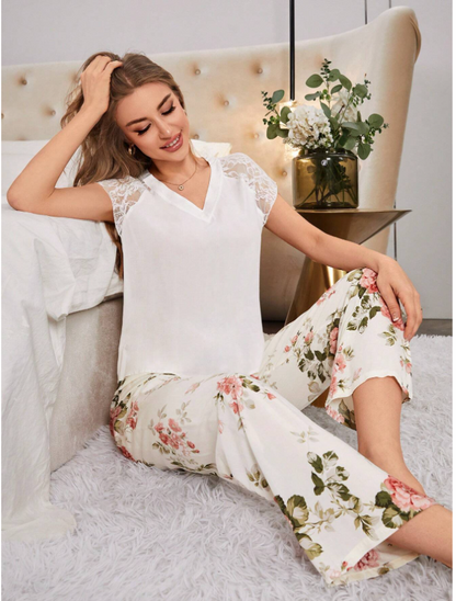 Women White Pajama Set Multicolor