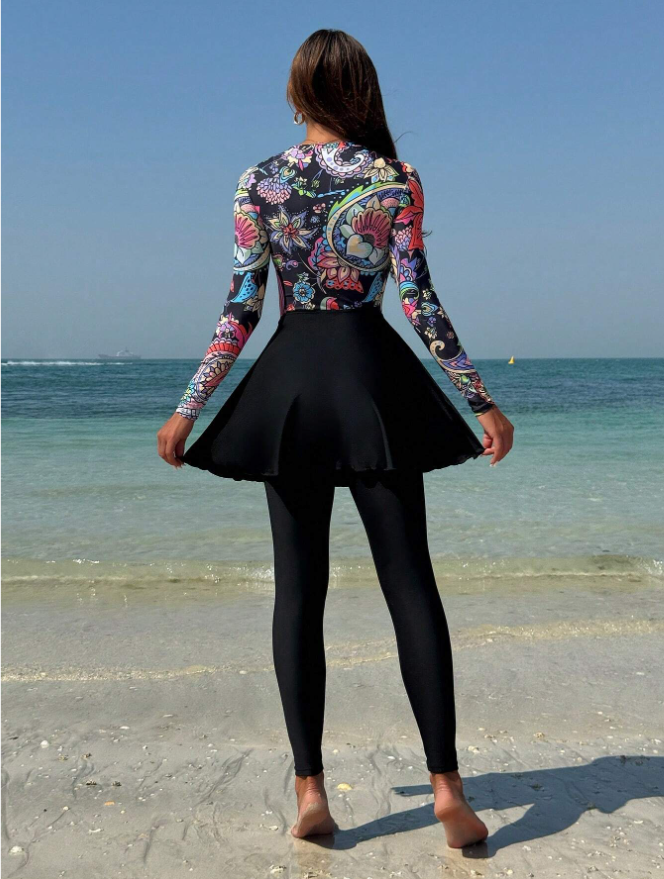 Women Summer Beach Long Sleeve Top And Pants Burkini Set