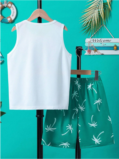 Tween Boys' Coconut Tree Print Vest And Shorts Set