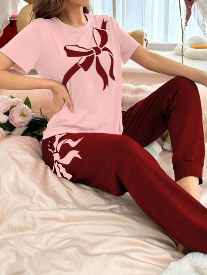 Women's Bow Knot Print Round Neck Short Sleeve T-Shirt And Pants Pajama Set