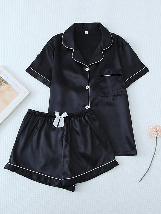 2pcs/Set Satin Pajama Set For Women (black)