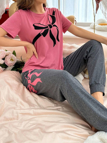 Women's Bow Knot Print Round Neck Short Sleeve T-Shirt And Pants Pajama Set