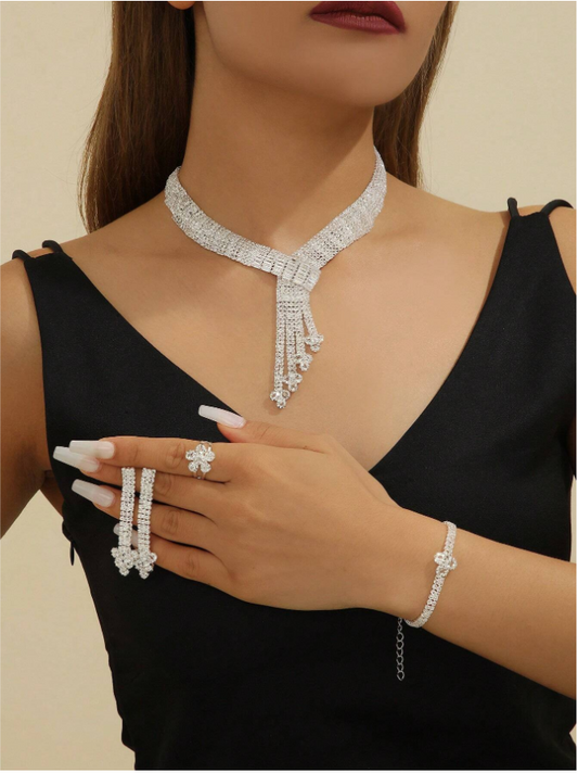 5pcs Silver White Crystal Bridal Jewelry Set