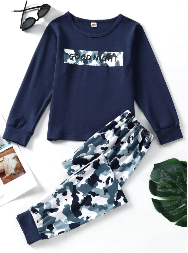 Boys Letter & Camo Print PJ Set