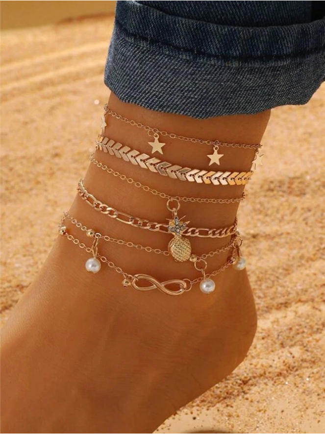 5pcs/Set Fashionable Gold Pineapple, Star & Pearl Anklet