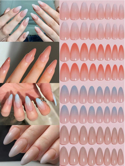 96piece(White/Peach/Blue/Nude Gradient Air Press On Nails Medium Long Almond Nails