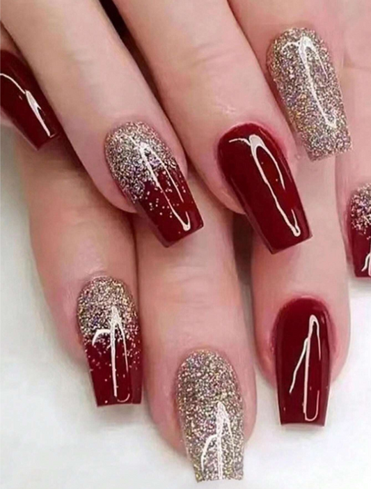 24pcs Long Coffin-Shaped Luxury Wine Red Glitter False Nails