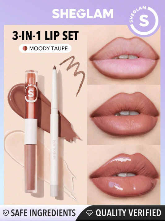 SHEGLAM Soft 90's Glam Lip Liner And Lip Duo Set-Moody Taupe Lip Set 3-In-1