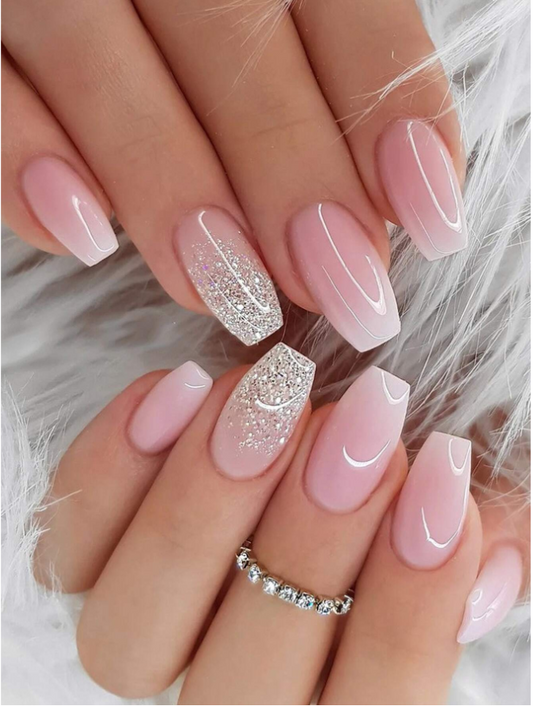  24pcs Short Square Shaped French Style Pink Ombre Glitter False Nails