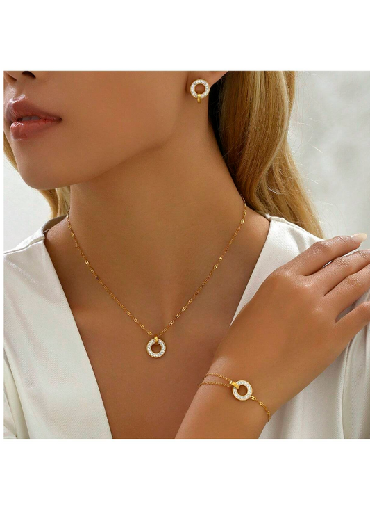 4pcs/Set Golden Stainless Steel Lips Chain & Cz Square & Circle Necklace & Bracelet & Earrings Combination Set