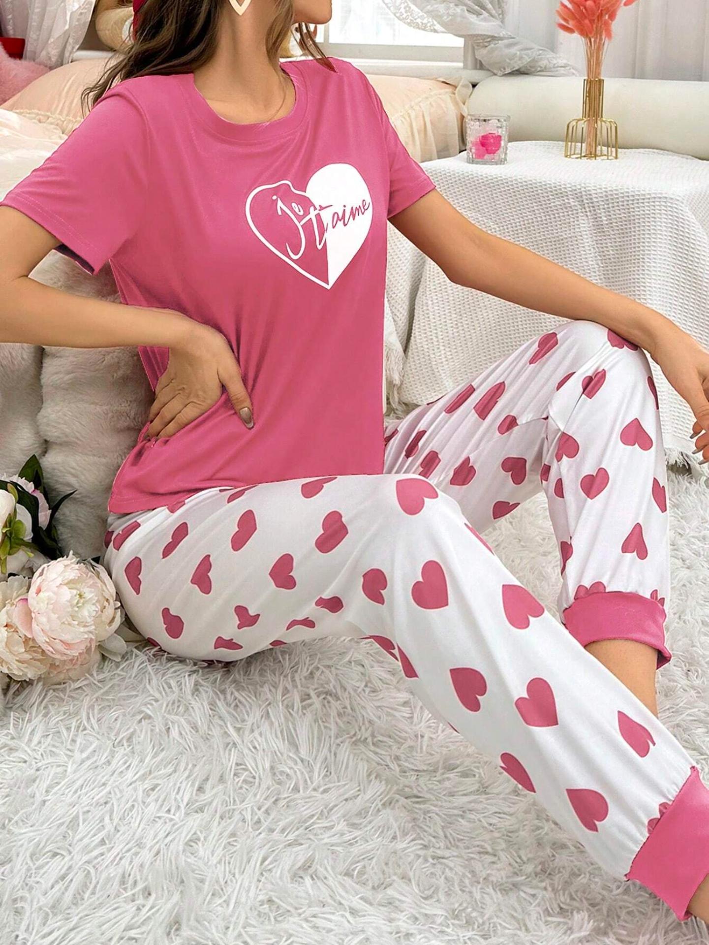 Women's Love Heart Print Short Sleeve Long Pants Homewear Set