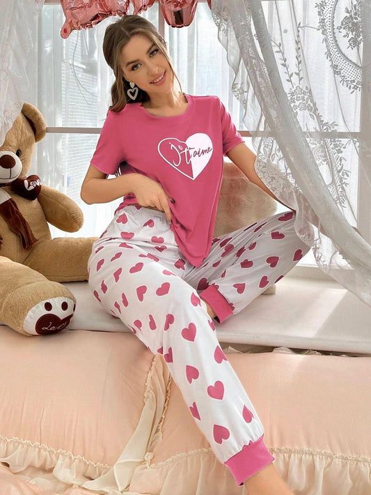 Women's Love Heart Print Short Sleeve Long Pants Homewear Set