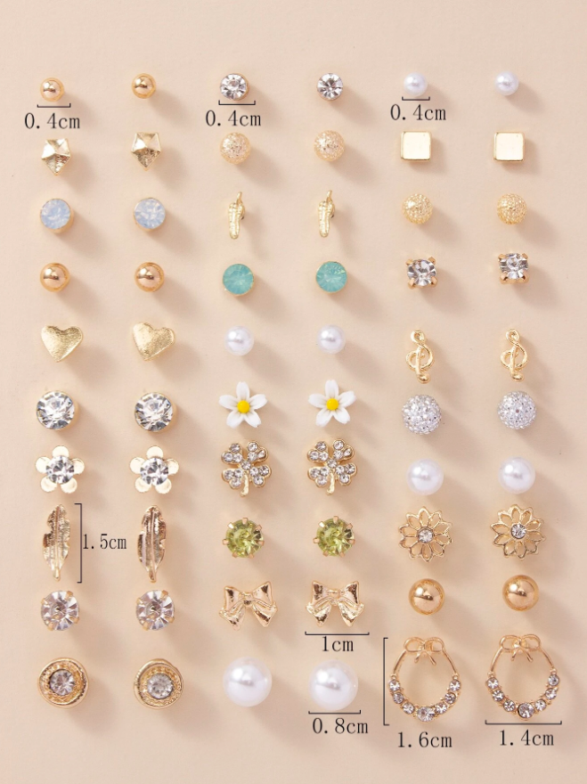 30pairs Heart & Flower Stud Earrings