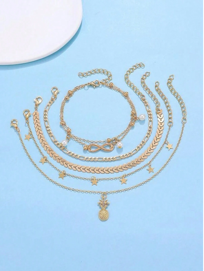 5pcs/Set Fashionable Gold Pineapple, Star & Pearl Anklet