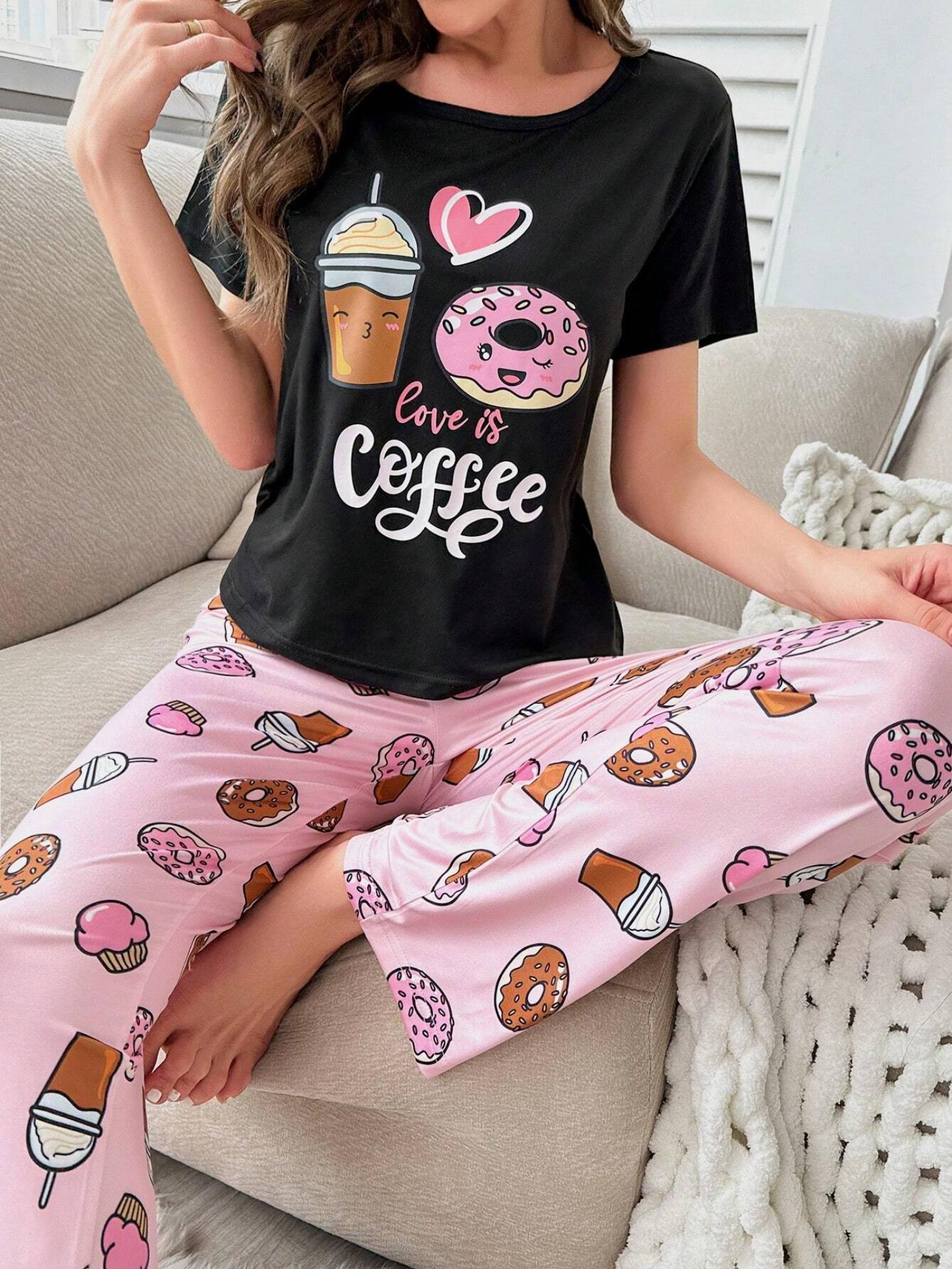 Donut & Slogan Graphic Tee & Pants PJ Set