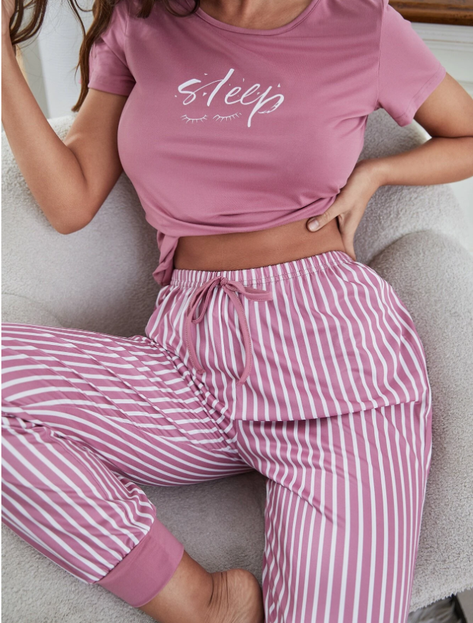 Women's Pajamas Two-Piece Crew Neck Short Sleeve + Striped Trousers Home Suit
