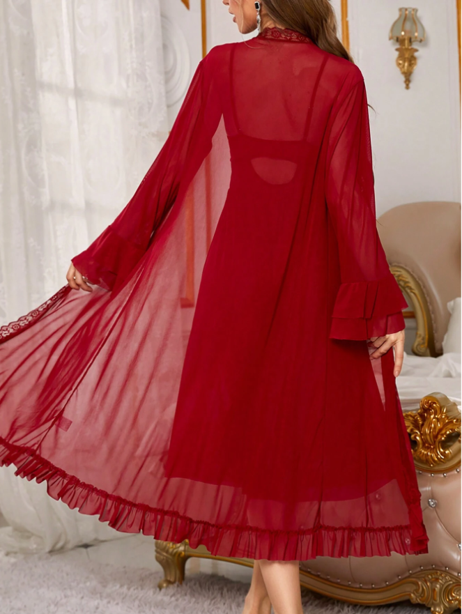 Women's Red Lace Perspective Slip Dress And Robe Set