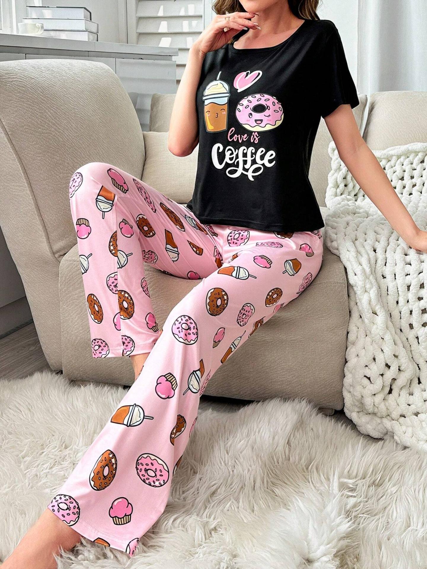 Donut & Slogan Graphic Tee & Pants PJ Set