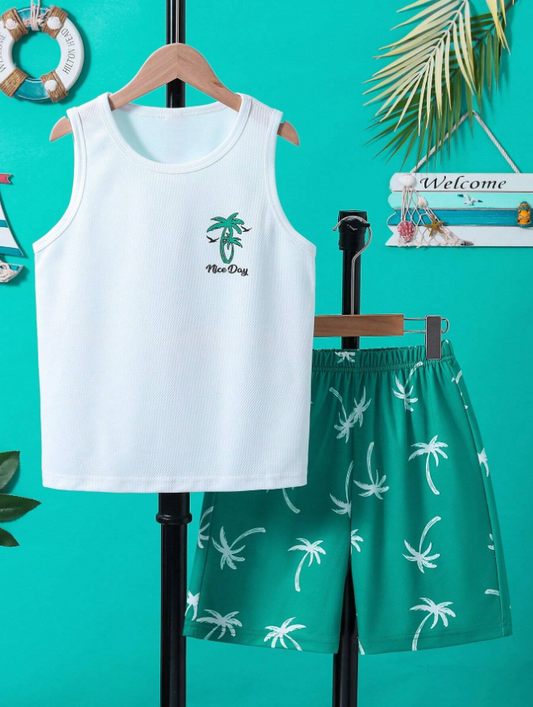Tween Boys' Coconut Tree Print Vest And Shorts Set