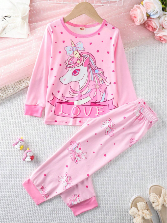 Young Girl Spring And Autumn Casual Cute Cartoon Unicorn Printed Long Sleeve And Long Pants Home Wear Set