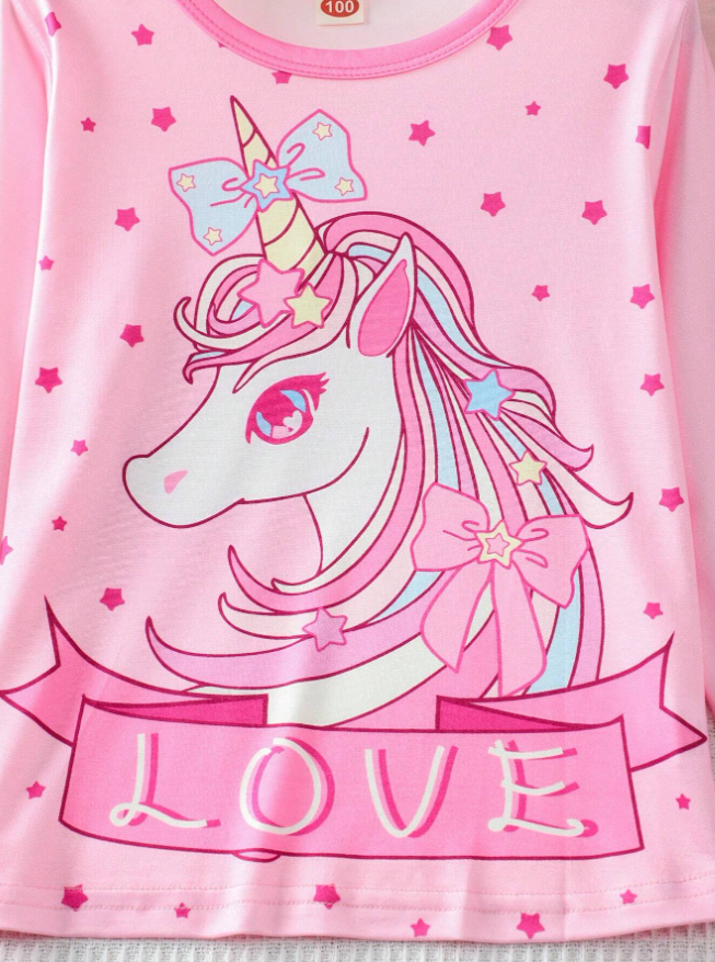 Young Girl Spring And Autumn Casual Cute Cartoon Unicorn Printed Long Sleeve And Long Pants Home Wear Set