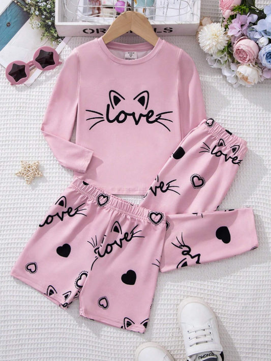 Young Girl Snug Fit Casual Letter & Cartoon Printed Round Neck Long Sleeve Top With Shorts/Long Pants Set, Autumn/Winter
