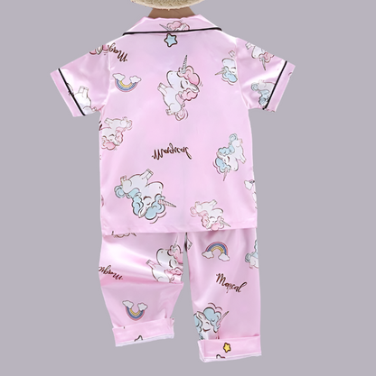 Young Girl Pajamas Pants Set Summer Air-Conditioned Clothing Ice Silk Satin Cartoon Nightgown 2pcs Outfit