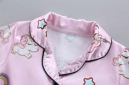 Young Girl Pajamas Pants Set Summer Air-Conditioned Clothing Ice Silk Satin Cartoon Nightgown 2pcs Outfit