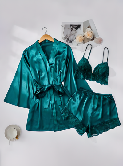 Contrast Lace Belted Satin Robe & Cami Top & Shorts PJ Set