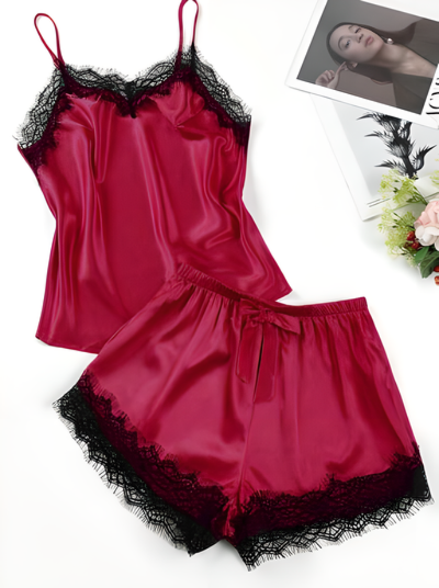 Lace Trim Satin Cami Top & Shorts PJ Set (Red)