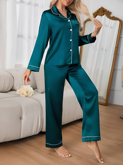 Women's Contrast Binding Lapel Long Sleeve Pajama Set