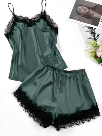 Lace Trim Satin Cami Top & Shorts PJ Set (Green)