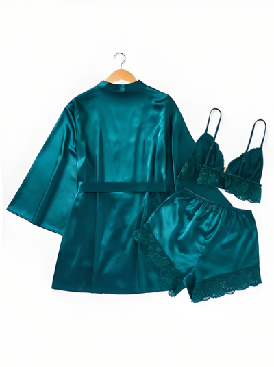 Contrast Lace Belted Satin Robe & Cami Top & Shorts PJ Set