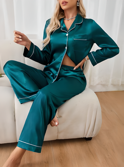 Women's Contrast Binding Lapel Long Sleeve Pajama Set