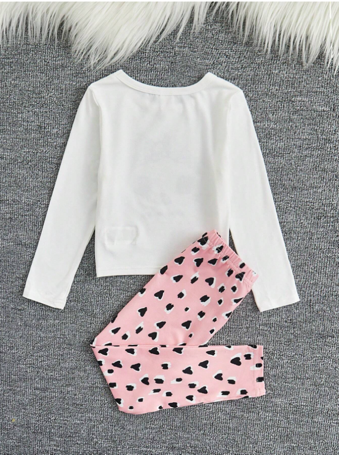 Young Girl Cartoon & Letter Graphic Tee & Pants Snug Fit PJ Set