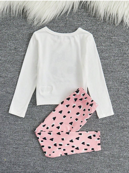 Young Girl Cartoon & Letter Graphic Tee & Pants Snug Fit PJ Set